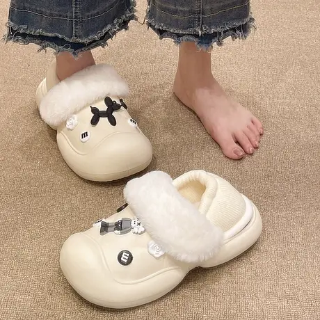 卡通可爱棉拖鞋女冬季踩屎感厚底加绒保暖可外穿防滑防水包跟棉鞋商品大图