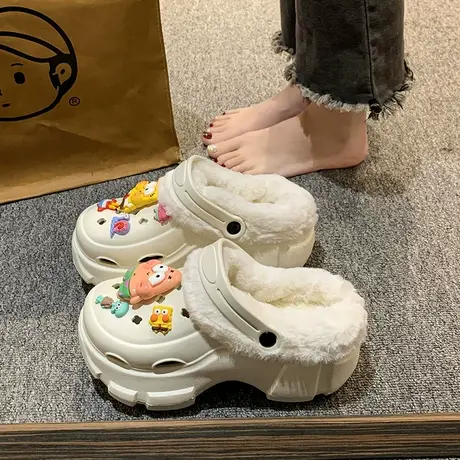 洞洞鞋女加绒外穿2023秋冬新款可爱奶呼呼厚底增高小个子包头棉拖图片