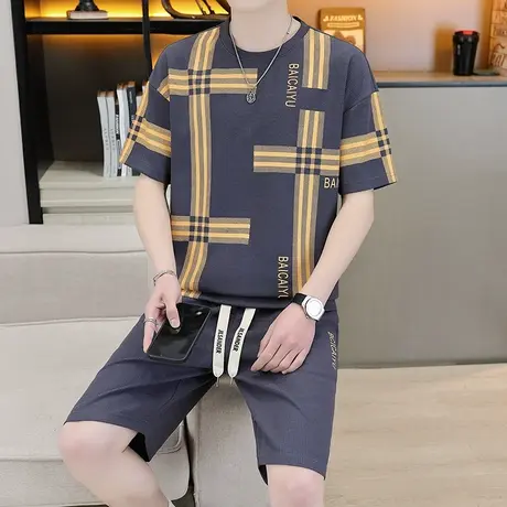 夏季男士套装短袖T恤短裤两件装华夫格加肥加大码初中学生休闲服图片