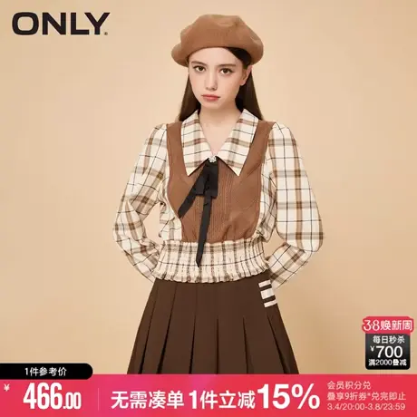ONLY冬季时尚polo领格纹收腰短款雪纺衫女|122451001商品大图