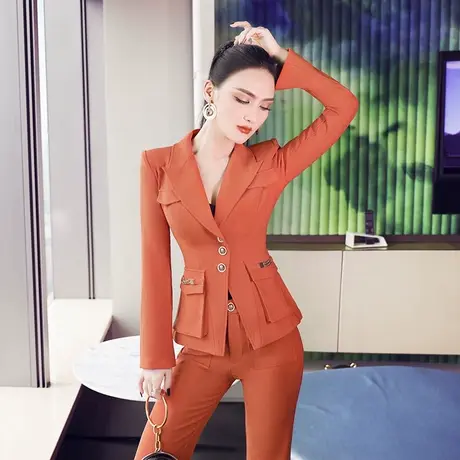 VJE春秋工装职业套装女新款气质减龄上衣垂顺喇叭裤两件套图片