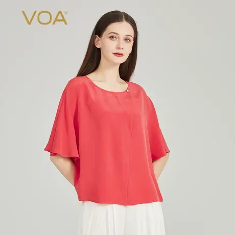 VOA30姆米重磅桑蚕丝红色圆领蝙蝠袖活页珍珠装饰简约淑女真丝T恤商品大图