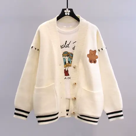日系卡通小熊毛衣外套女冬季2023年新款宽松设计感学院风针织开衫商品大图