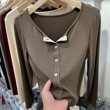 设计感短款纽扣长袖T恤女开衫2023早秋新款洋气打底小衫体恤上衣商品大图