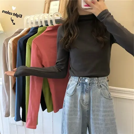 2023新款春秋冬季新款半高领打底衫白色内搭洋气长袖t恤女上衣服图片