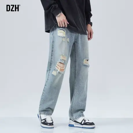 男士蓝色破洞牛仔裤男直筒秋冬新款裤子2023新款休闲直筒裤宽松潮商品大图