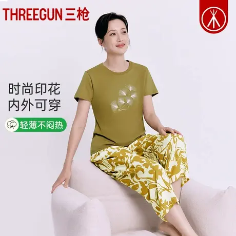 三枪睡衣女纯棉夏季薄款中老年短袖八分裤宽松透气女士家居服套装商品大图