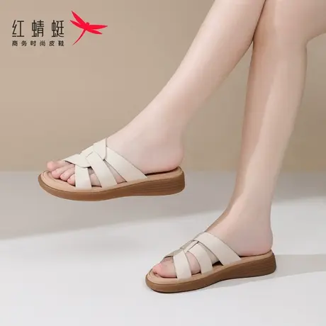红蜻蜓女士平底一字拖拖鞋女2025新款外穿夏季凉拖鞋真皮半拖妈妈商品大图