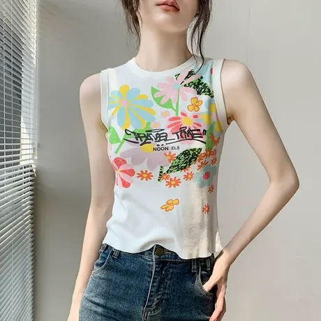 歌倍尚圆领涂鸦无袖背心女2025夏季新款遮副乳花朵印花修身上衣商品大图