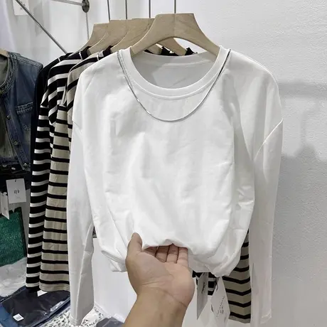 小个子短款长袖T恤女早秋季百搭宽松显瘦收腰下摆纯棉上衣打底衫商品大图