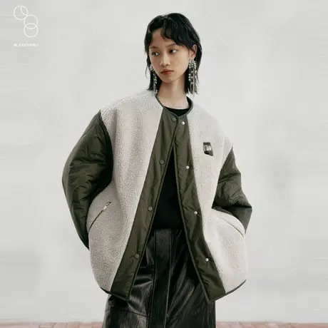 子苞米冬季新款时尚简约宽松拼接女式棉服图片