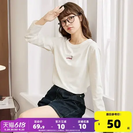 唐狮2025春新款长袖T恤女宽松休闲白色上衣女甜美韩系内搭打底衫商品大图