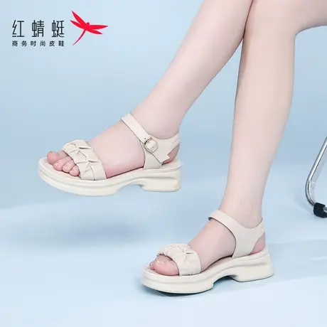 红蜻蜓时尚休闲厚底凉鞋女夏外穿仙女风真皮粗跟平底舒适沙滩凉鞋图片