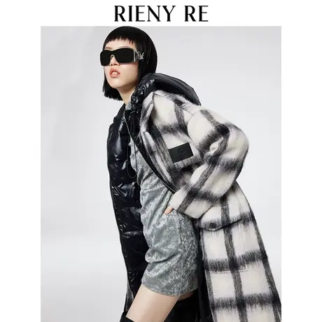 RIENYRE秋季新款设计感小众两件式格纹拼接羽绒内胆大衣风衣女图片
