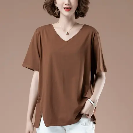 短袖t恤女夏季加肥加大码女装宽松中年妈妈纯棉遮肚子显瘦V领体恤商品大图