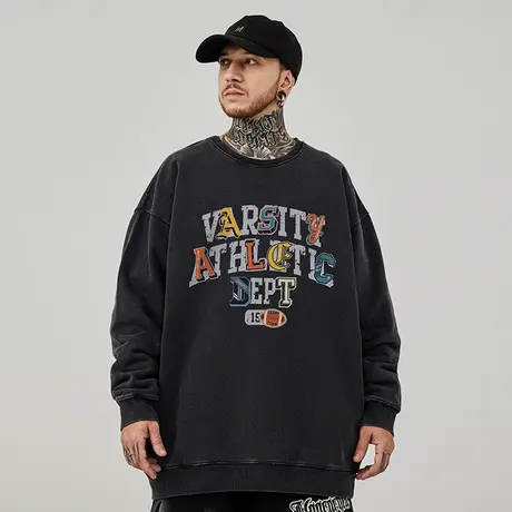 美式重磅加绒圆领加肥加大码潮牌胖子oversize外套春秋款卫衣男潮商品大图