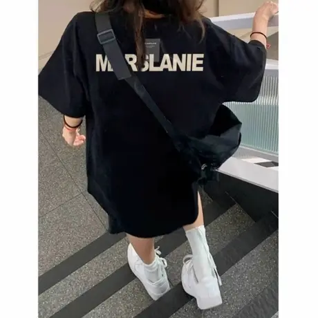 夏季纯棉美式潮牌落肩短袖t恤女2025新款宽松小众设计感半袖上衣商品大图