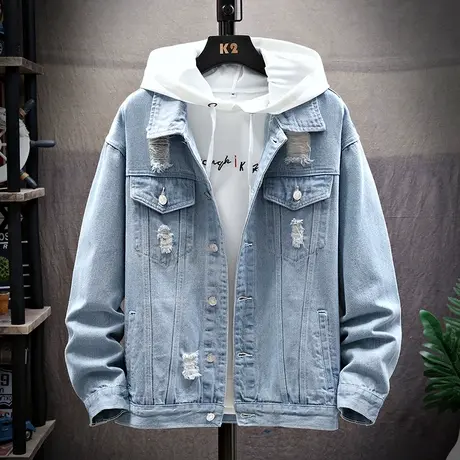 秋季破洞牛仔夹克2023新款潮流休闲男士外套春秋装上衣帅气牛仔衣商品大图