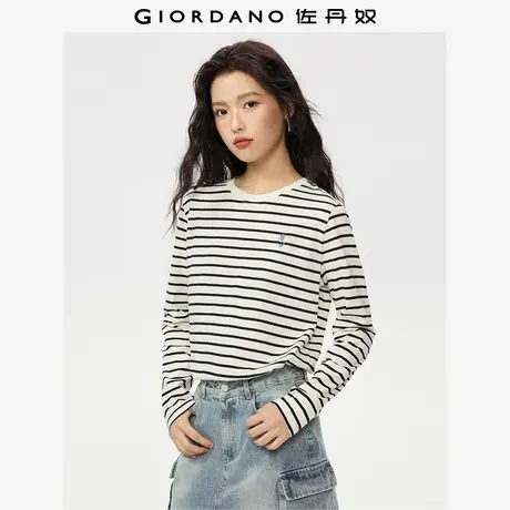 佐丹奴长袖T恤女秋冬新款纯棉t恤衫绣花圆领复古条纹上衣05325862商品大图