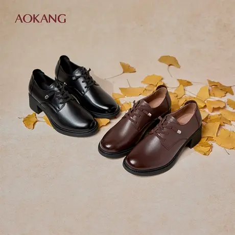 奥康女鞋2025秋季新款真皮皮鞋百搭单鞋一脚蹬舒适粗跟妈妈鞋套脚图片