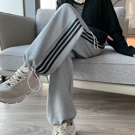 侧边条纹阔腿束脚卫裤女早秋百搭韩版宽松显瘦高腰运动休闲长裤潮商品大图