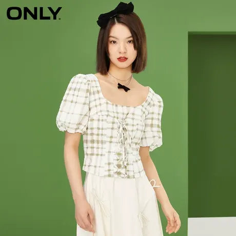 【ONLY奥莱】ONLY奥莱夏季方领抽绳优雅短袖泡泡袖雪纺衫商品大图