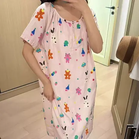 上新~A类纯棉双层婴儿纱布睡衣女可爱卡通印花睡裙家居服长睡裙商品大图