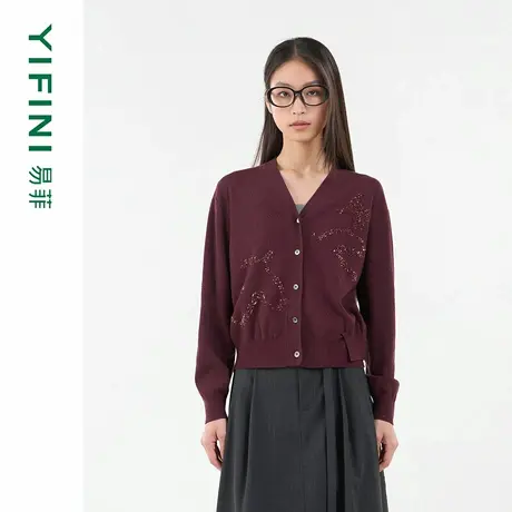 [专柜同款]Yifini/易菲气质V领绣花宽松短款毛织开衫针织衫女亮片商品大图