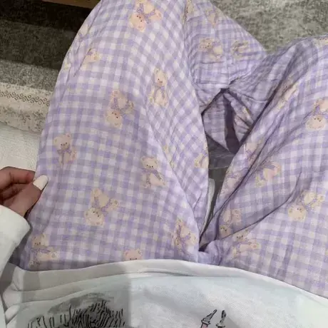 上新 ！紫格子小熊纯棉双层纱布可爱长裤柔软宽松懒人居家可外穿商品大图