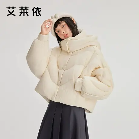艾莱依花朵羽绒服女新款秋冬短款连帽时尚保暖防风鸭绒甜美风外套图片
