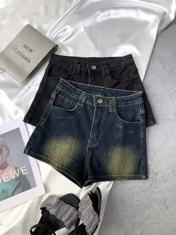 复古磨白韩版牛仔短裤女2023秋季新款显瘦百搭高腰弹力辣妹包臀裤商品大图