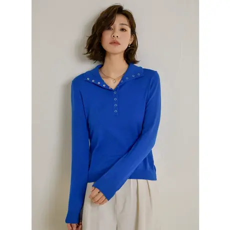 弥古蓝色翻领polo领针织衫上衣女长袖秋季设计感半高领内搭打底衫商品大图