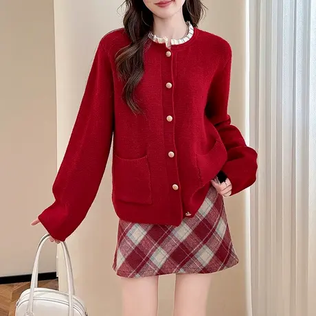 唐狮秋冬季女毛衣氛围感名媛风圆领开衫外套红色系显白毛线衫tu商品大图