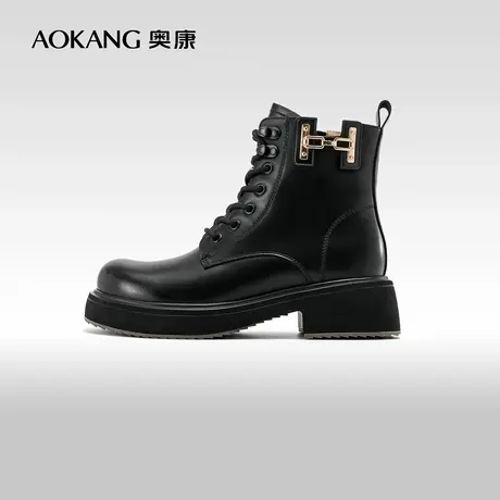 奥康女鞋 冬季新款休闲百搭瘦瘦靴圆头厚底增高马丁靴时装靴图片