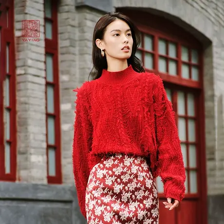 EP YAYING雅莹正红羊绒混纺半高领肌理针织衫2023秋冬女新款9571A图片