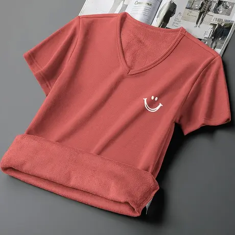 短袖t恤男装2023新款秋冬季保暖加绒加厚V领上衣服印花半袖打底衫商品大图