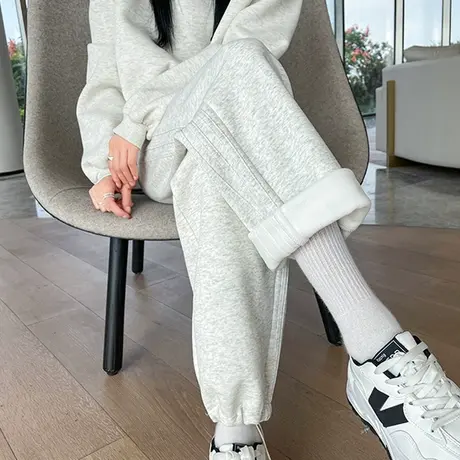 白色加绒束脚哈伦裤女2023冬季新款高腰宽松显瘦休闲直筒运动卫裤商品大图