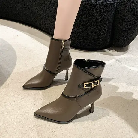 靴子女2023新款秋冬气质高跟时装短靴小个子马丁靴尖头洋气瘦瘦靴图片
