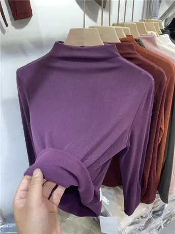 2023秋冬新款简约半高领抓绒长袖T恤女内搭洋气柔软打底衫上衣潮商品大图