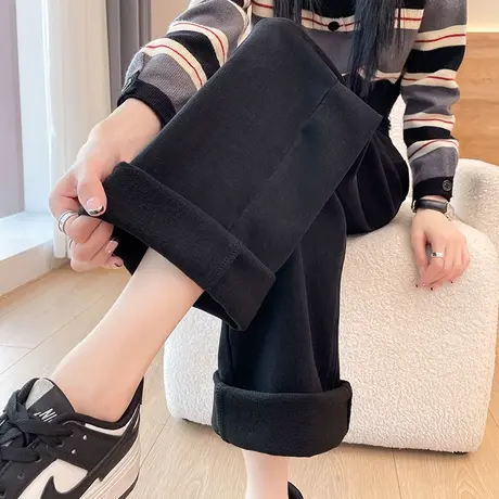 黑色直筒牛仔裤女冬季2023新款高腰窄版显瘦加绒加厚拖地阔腿裤子图片