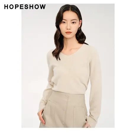 红袖outlets基础款纯色V领针织衫hopeshow2023冬款薄款外搭毛衣商品大图