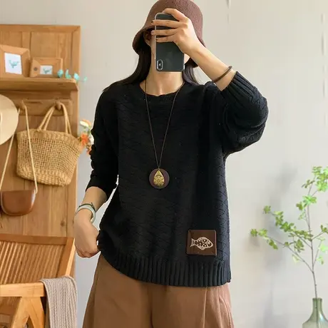 dza 复古纯色圆领长袖毛衣女士秋冬内搭上衣宽松针织衫休闲打底衫商品大图