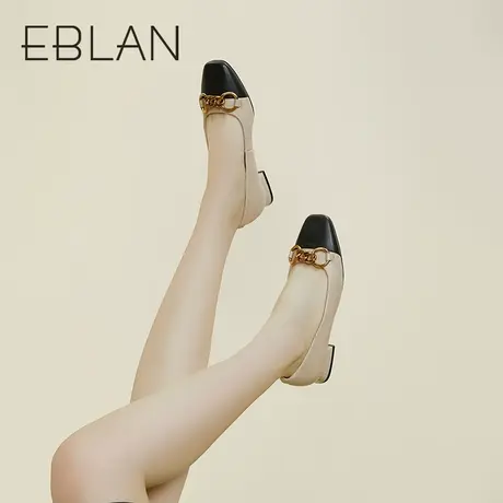 伊伴春季女鞋时尚撞色百搭单鞋浅口通勤低跟小香风英伦风皮鞋商品大图