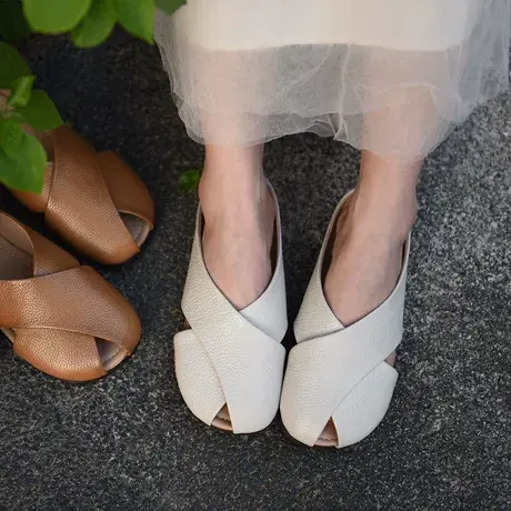 Artmu阿木复古包头半拖鞋女平底休闲百搭软底鱼嘴拖鞋外穿皮拖商品大图