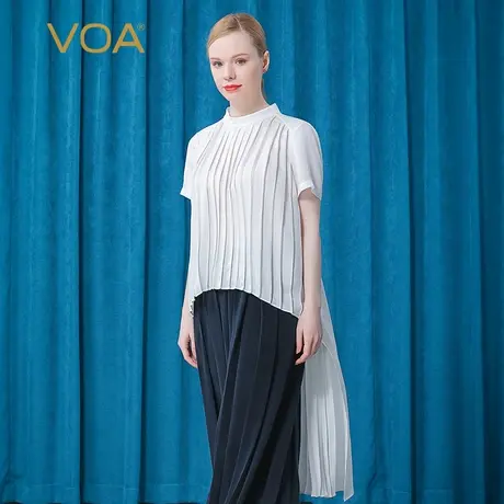 VOA提花真丝半高领短袖工字褶前短后长披风式长款白色桑蚕丝T恤衫图片