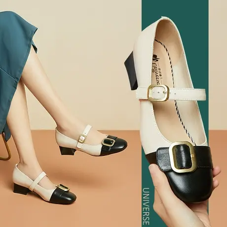 春夏季新品中口真皮中跟单鞋舒适粗跟拼色方头一字带休闲女鞋商品大图