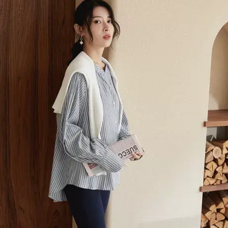 桔熊秋冬季休闲气质条纹泡泡袖宽松衬衫中长款上衣女大码AB18983商品大图
