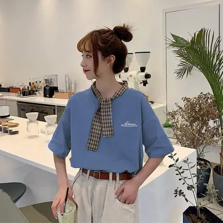 夏季新款小众设计感薄款上衣服别致甜酷白色ins潮宽松短袖T恤女装商品大图