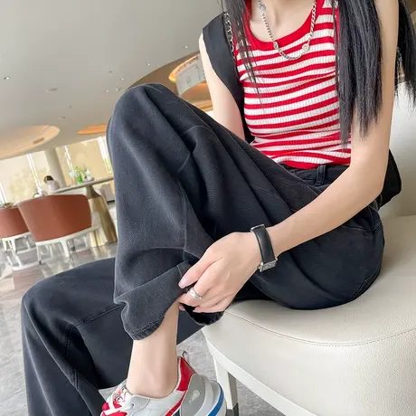 黑色牛仔裤女春秋新款2024年新款高腰垂感直筒宽松大码胖mm阔腿裤商品大图