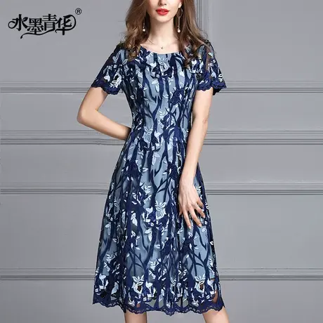 【1件7.9折】夏装新品气质优雅时尚短袖修身收腰网纱绣花连衣裙图片